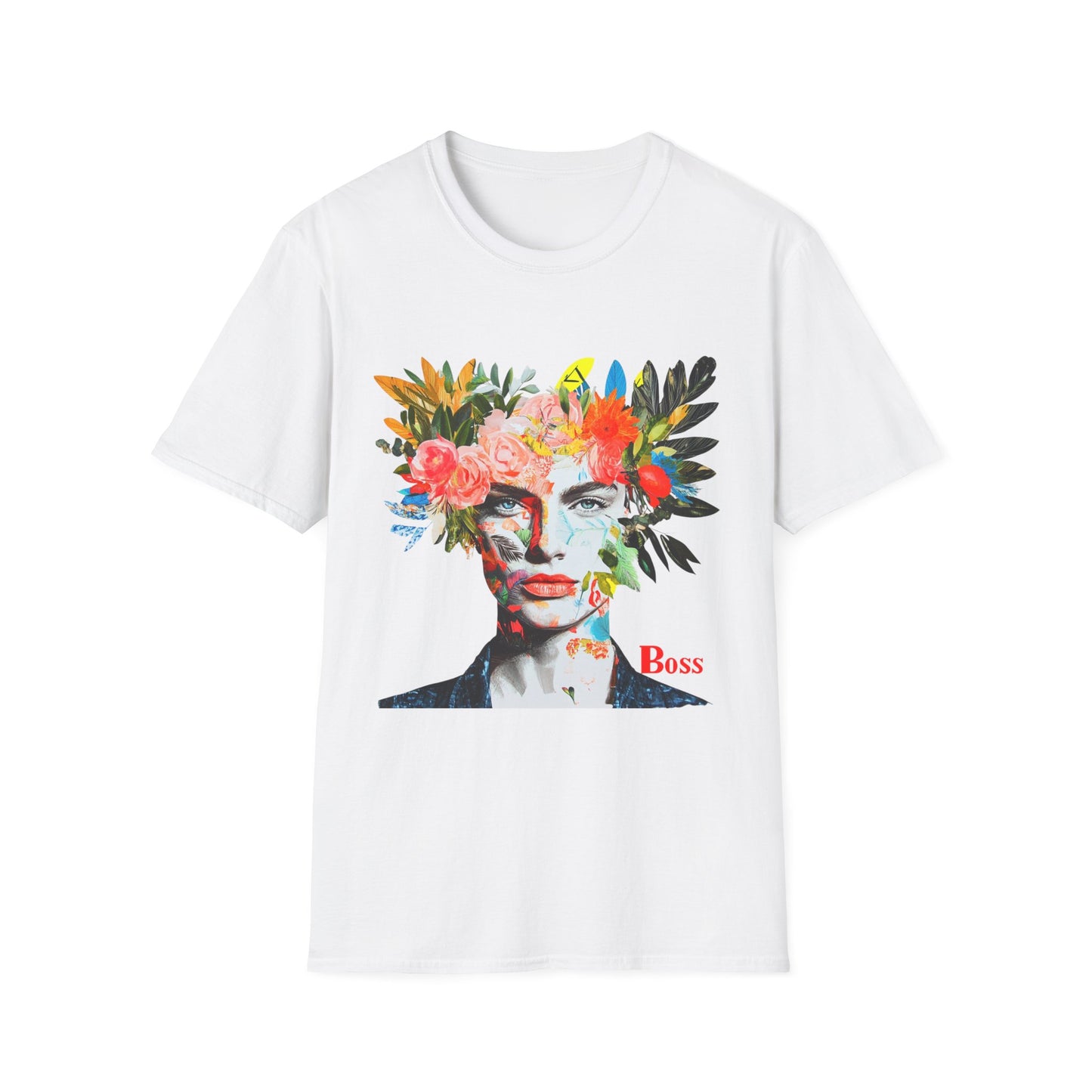 White unisex graphic t-shirt featuring a floral design and the word Boss for a stylish look