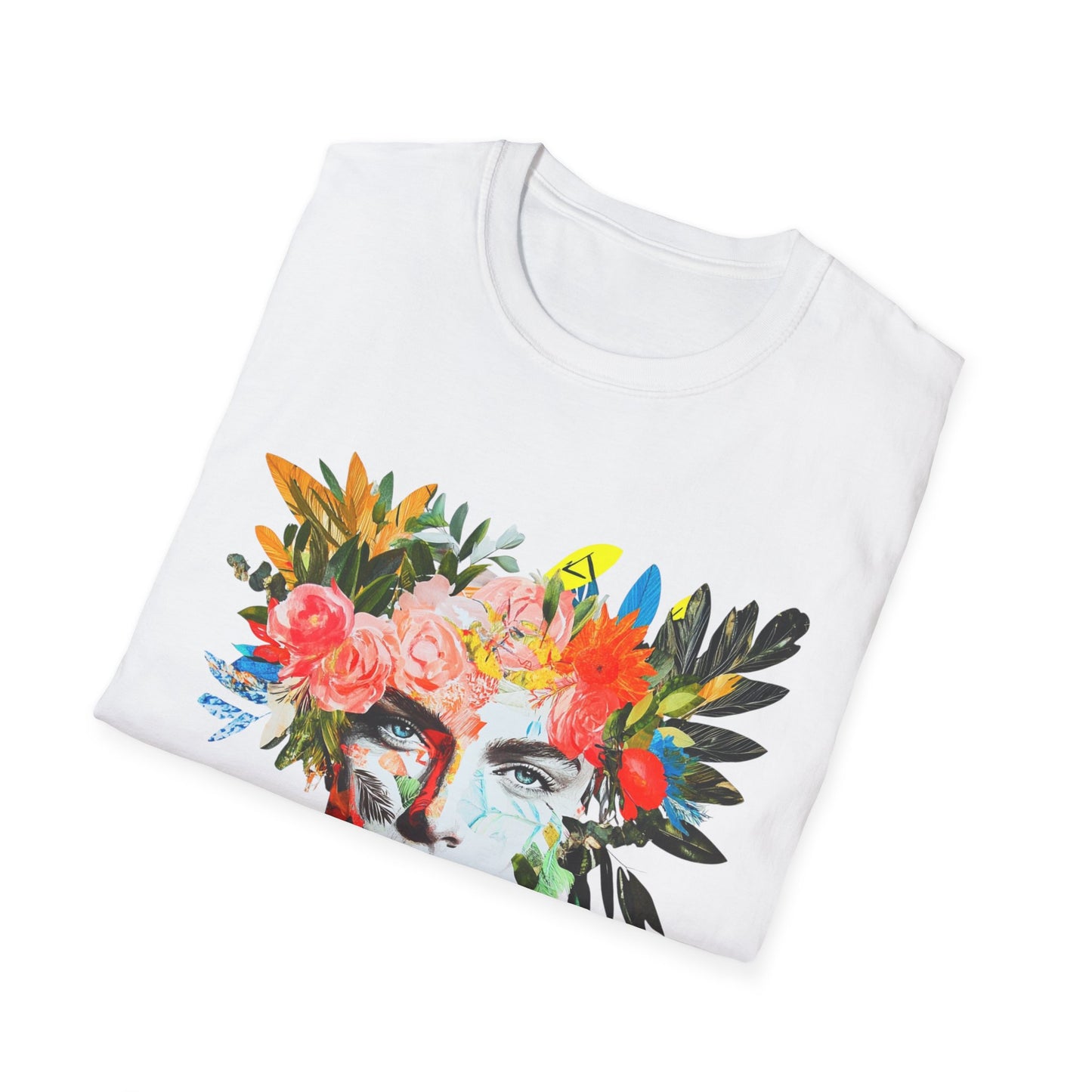 White unisex graphic t-shirt featuring a colorful floral face design, perfect for casual wear