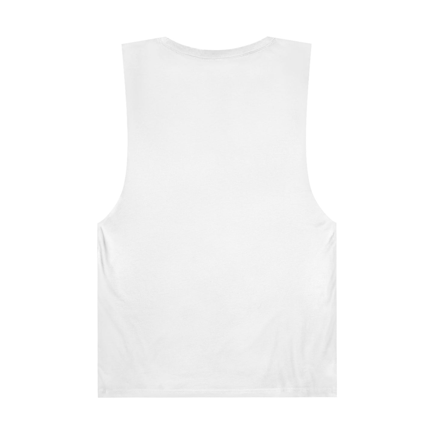 Back view of a plain white unisex meditation tank top for comfortable wear during yoga and relaxation