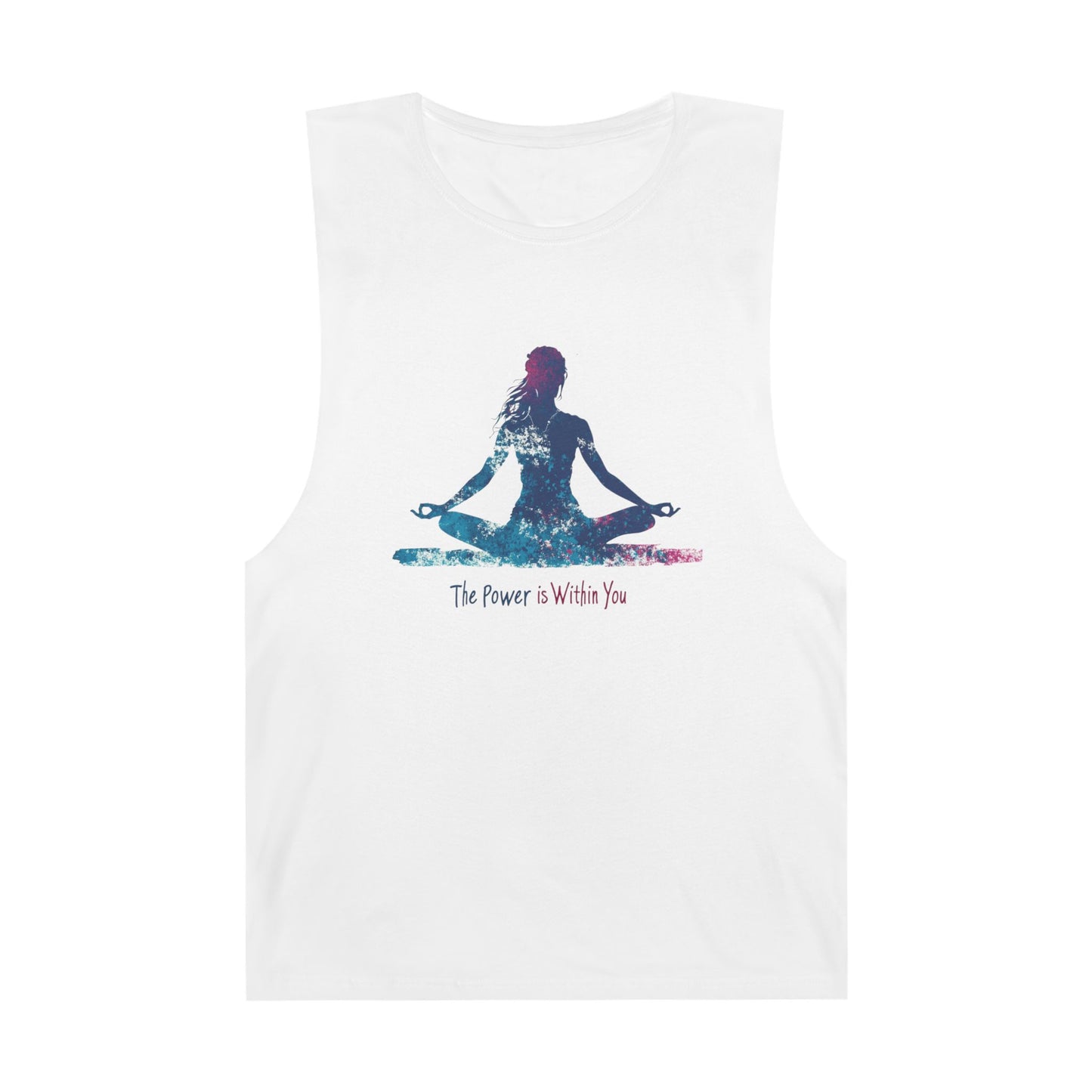 Unisex meditation tank top featuring a colorful silhouette of a person meditating with the quote The Power is Within You