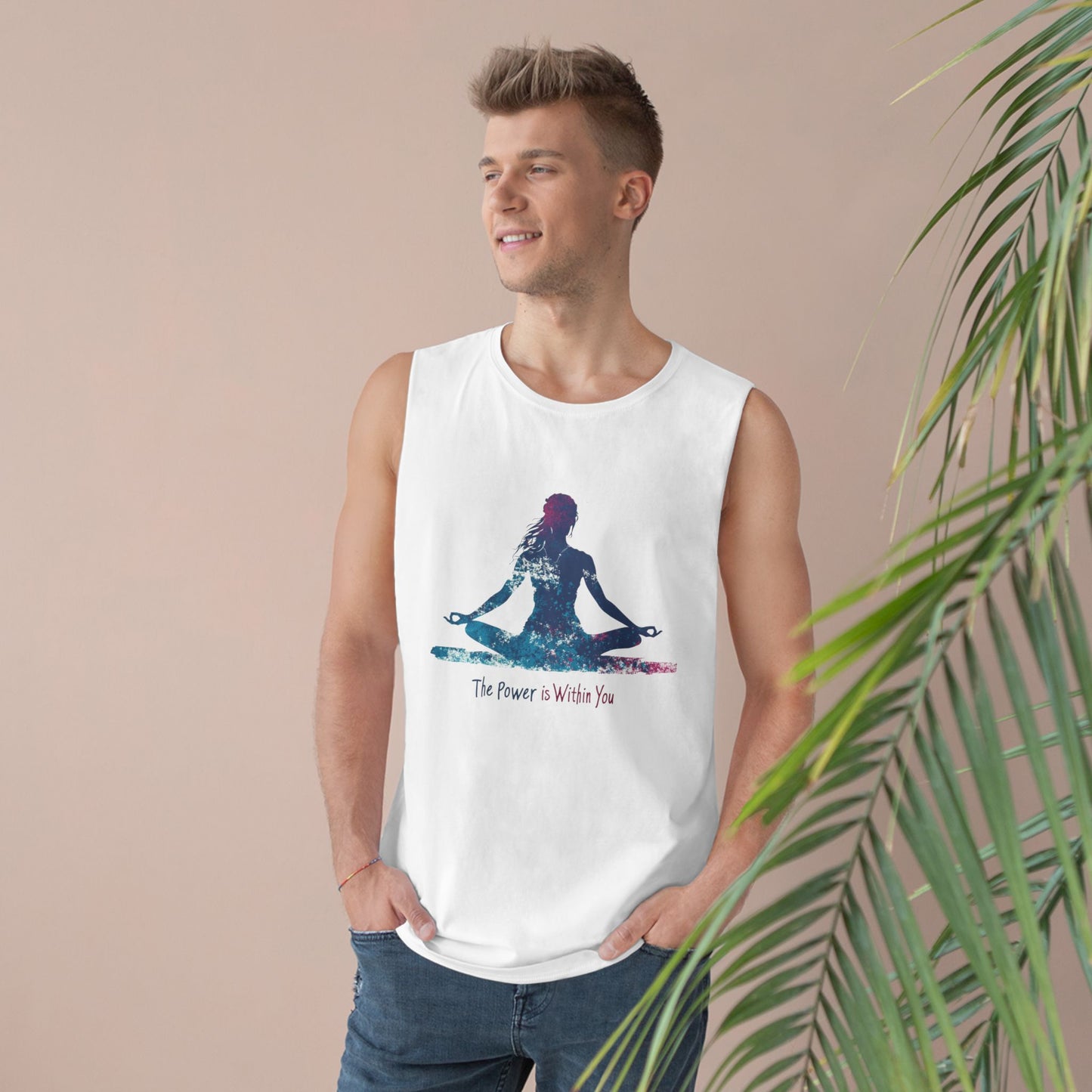Unisex meditation tank top featuring a vibrant design of a meditating figure for relaxation and yoga practice