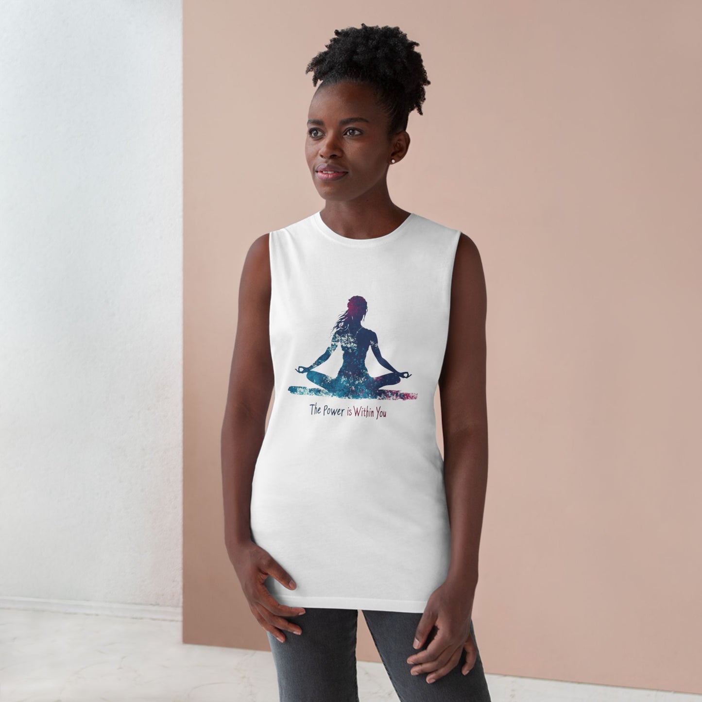 Unisex meditation tank top featuring a colorful graphic of a meditating figure and inspirational text