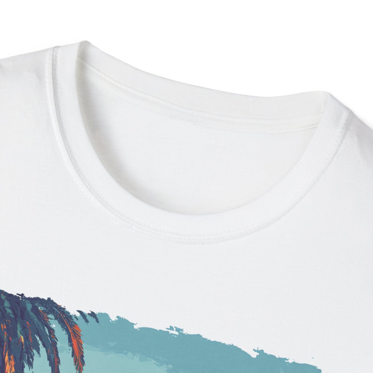 Close-up of the collar on a vintage Monaco t-shirt featuring vibrant palm tree graphics