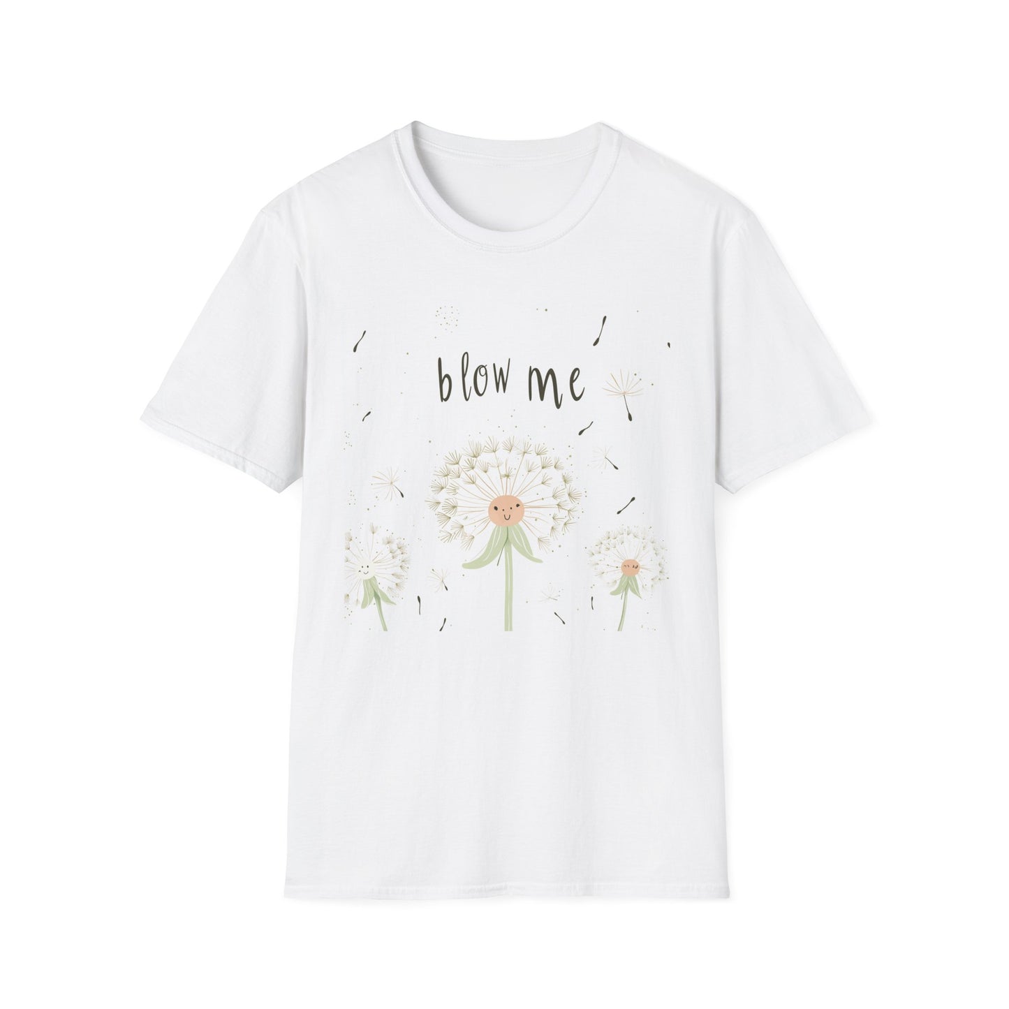 Whimsical dandelion t-shirt featuring playful dandelion artwork and the text blow me