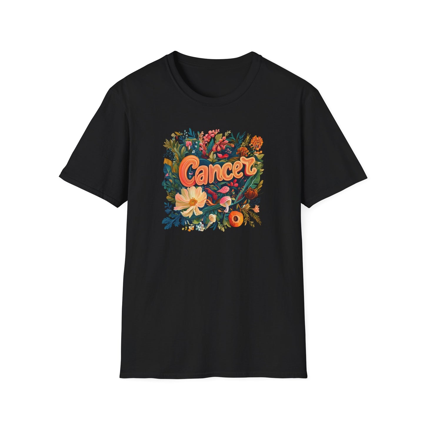 Printify black Cancer zodiac t-shirt with retro colorful floral design and bold Cancer script centered