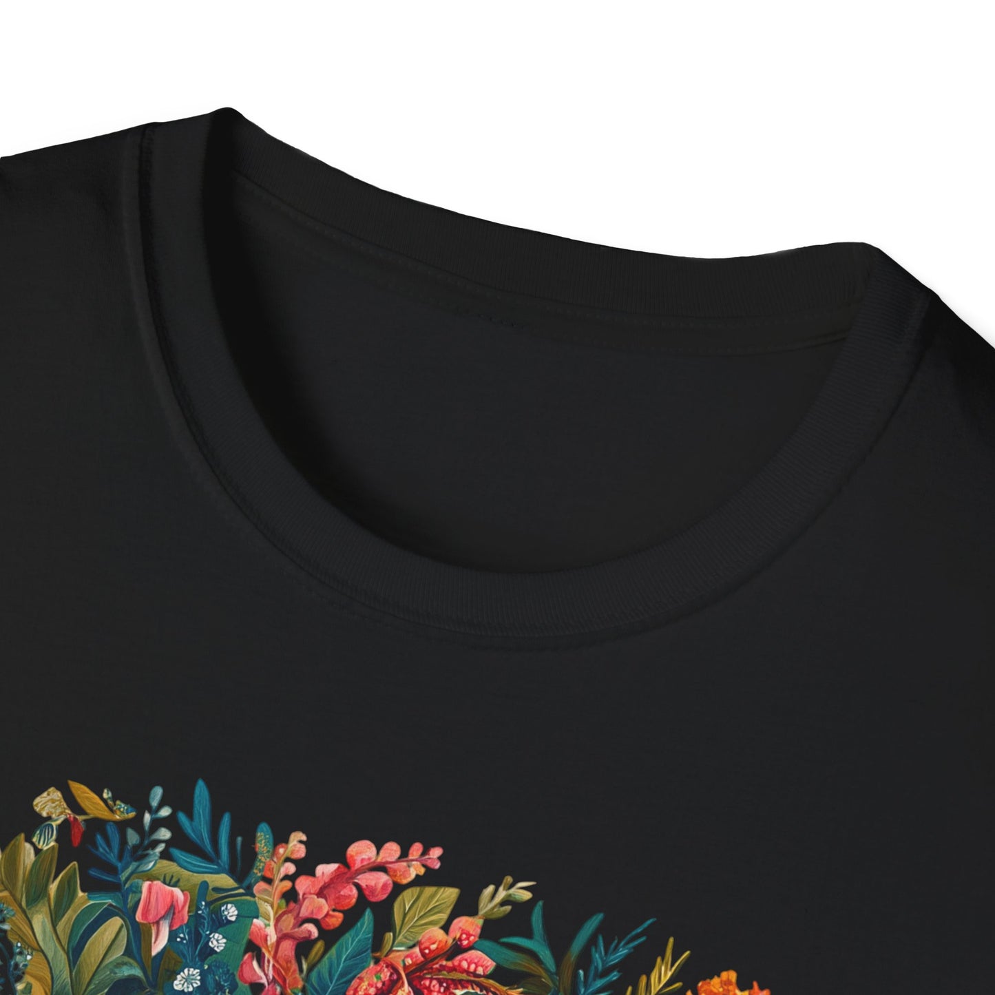 Printify black crewneck Cancer zodiac t-shirt with vibrant floral botanical design on lower front