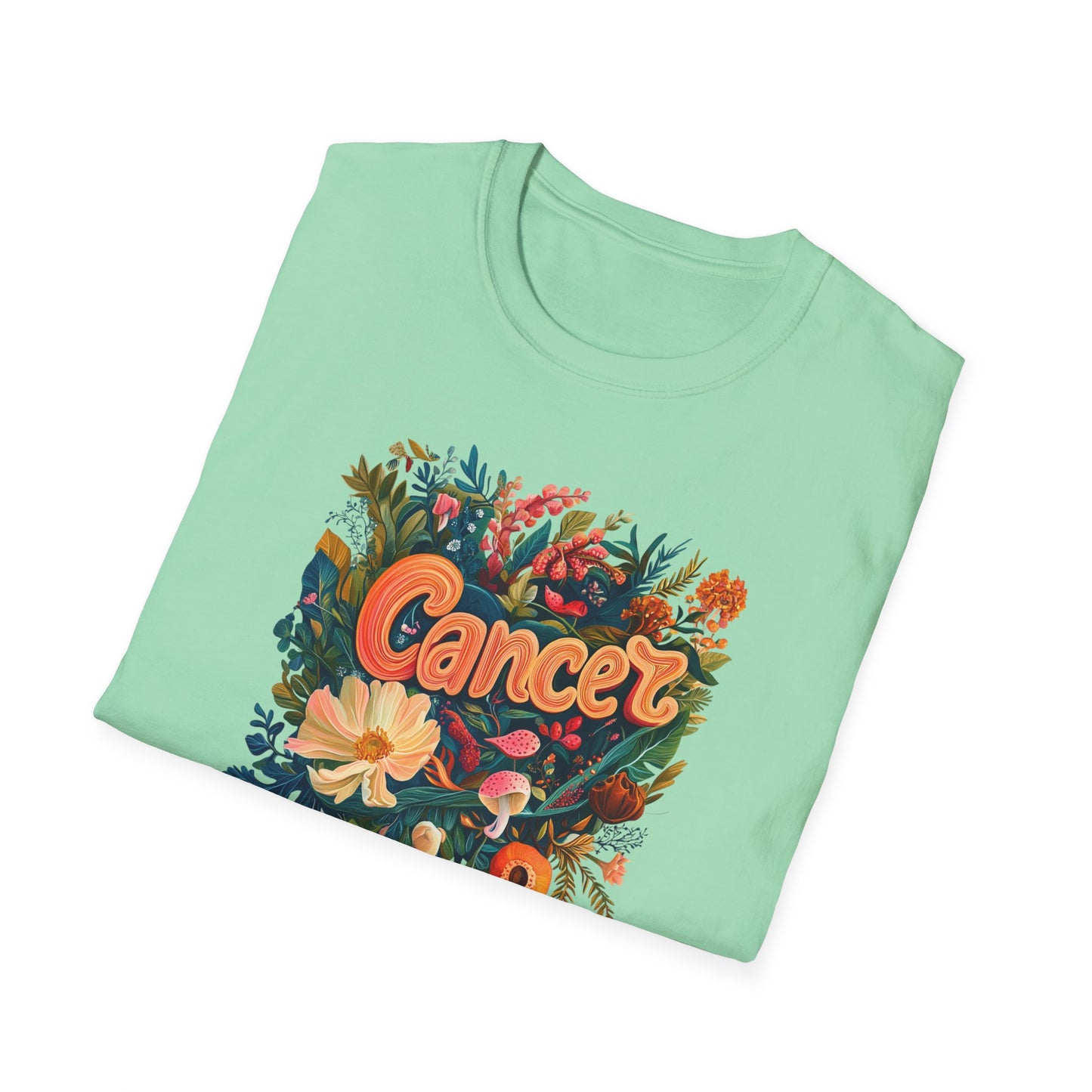 Cancer zodiac t-shirt mint green folded tee with orange script and floral mushroom illustration