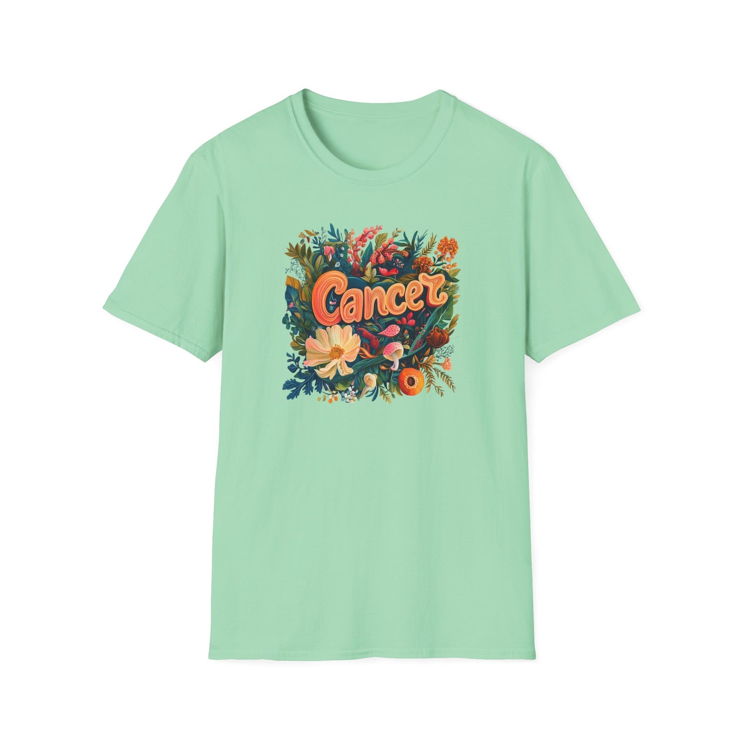 Printify mint green Cancer zodiac t-shirt with colorful floral illustration and vintage script