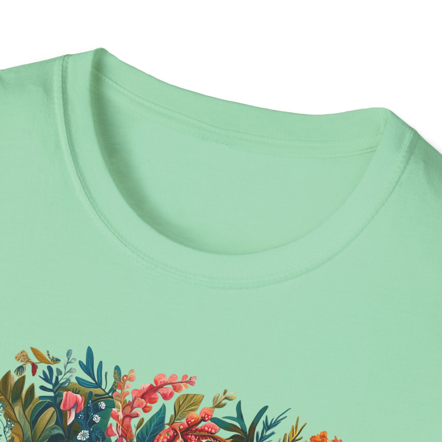 Mint green Cancer zodiac t-shirt with colorful floral botanical print and crew neckline