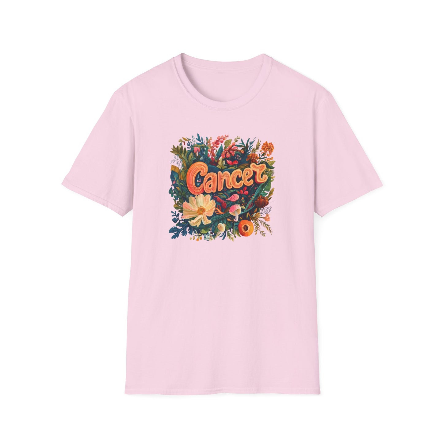 Light pink Printify Cancer zodiac t-shirt with colorful floral illustration and bold lettering on chest