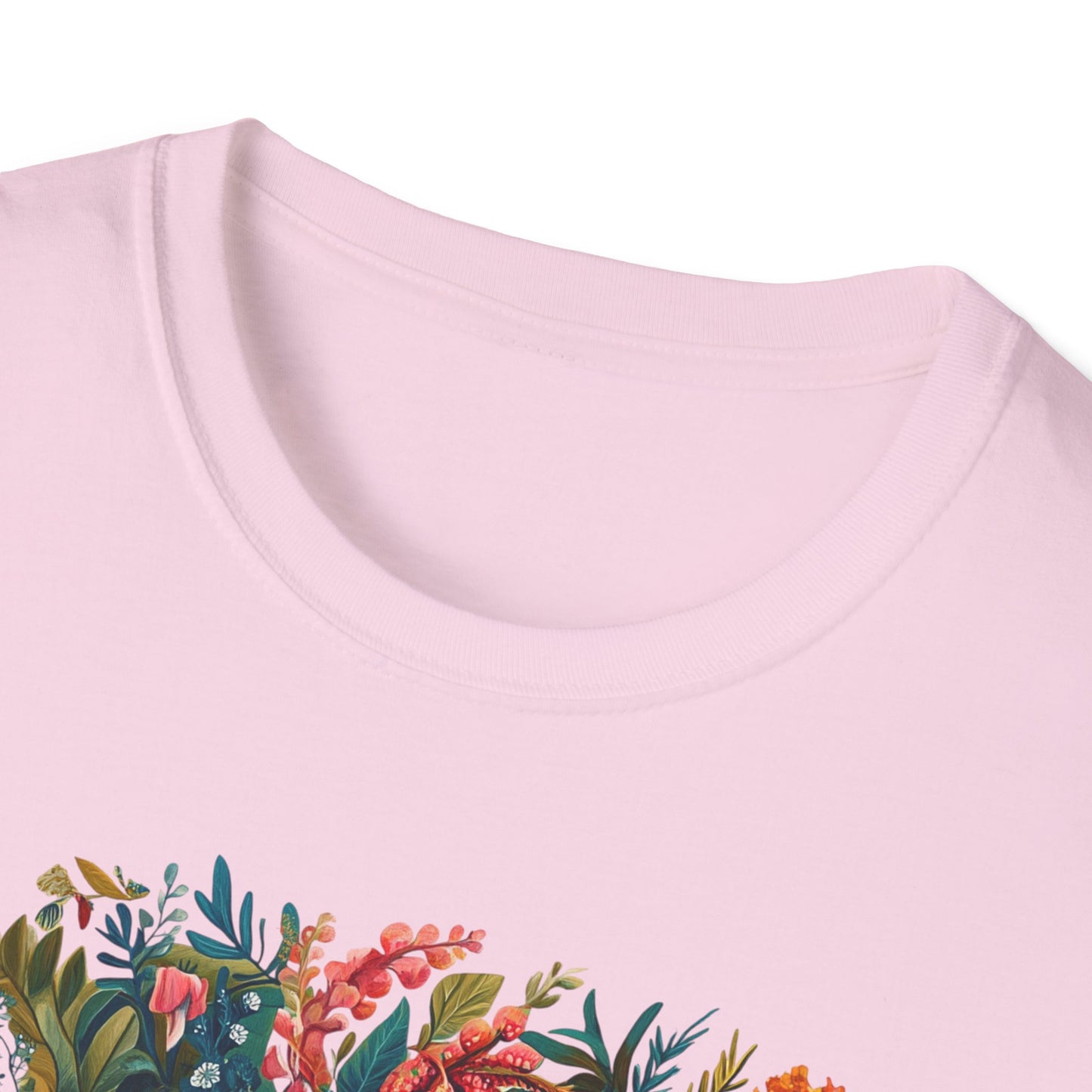 Printify light pink crew neck T shirt with colorful floral chest print close up showing fabric texture Cancer zodiac t-shirt