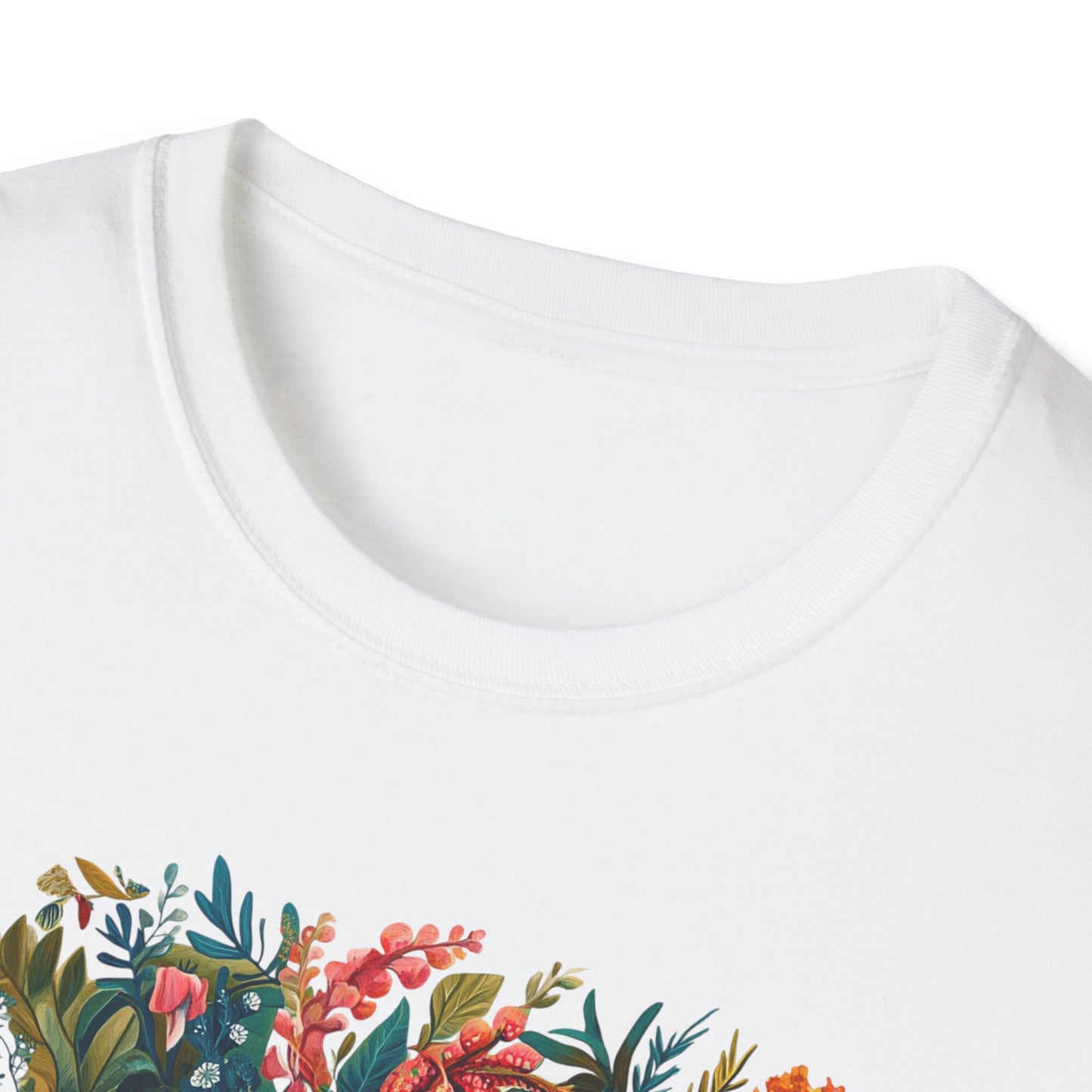 Printify white crewneck Cancer zodiac t-shirt with colorful floral botanical design along hem