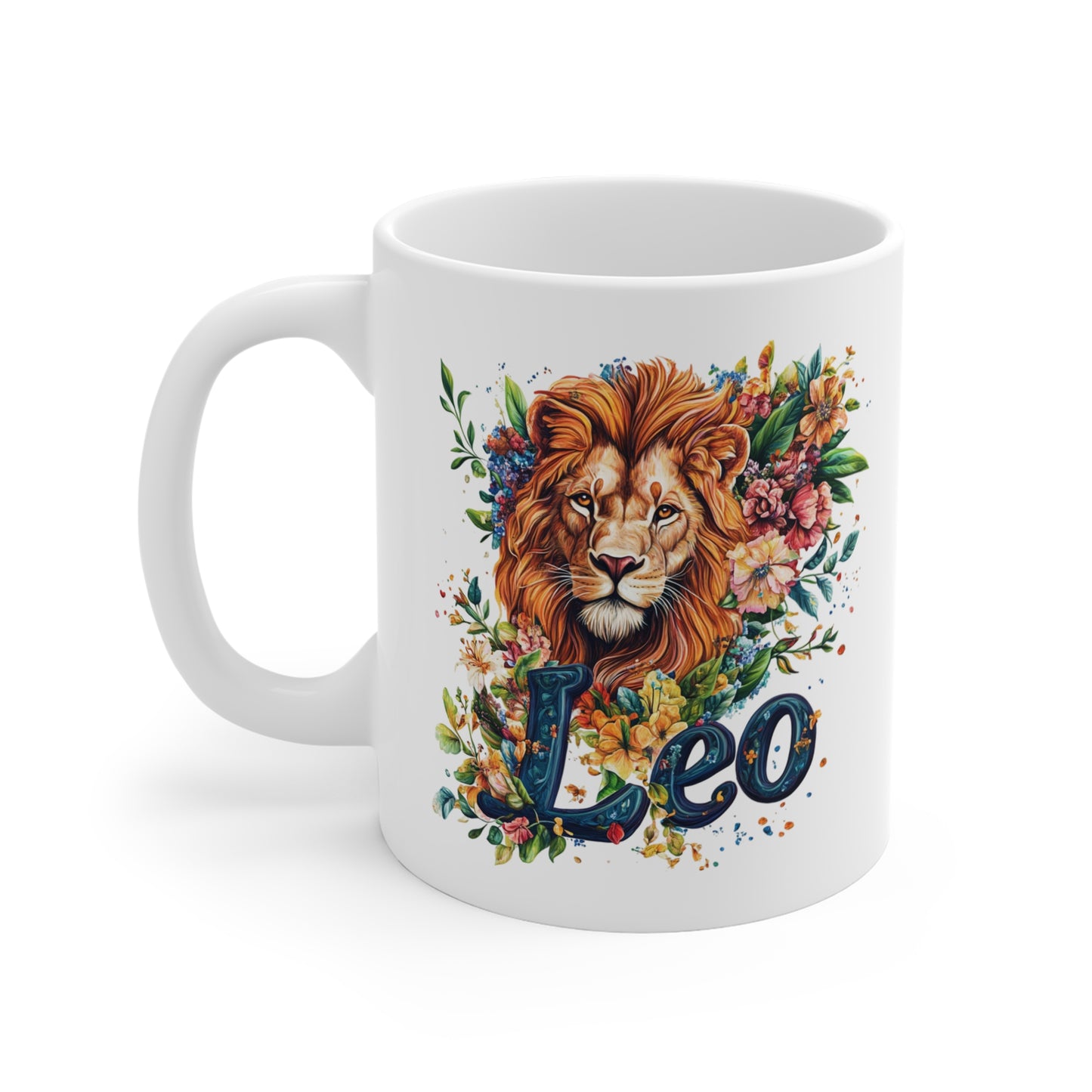 White ceramic personalized Leo mug with detailed lion head and colorful floral design by Printify