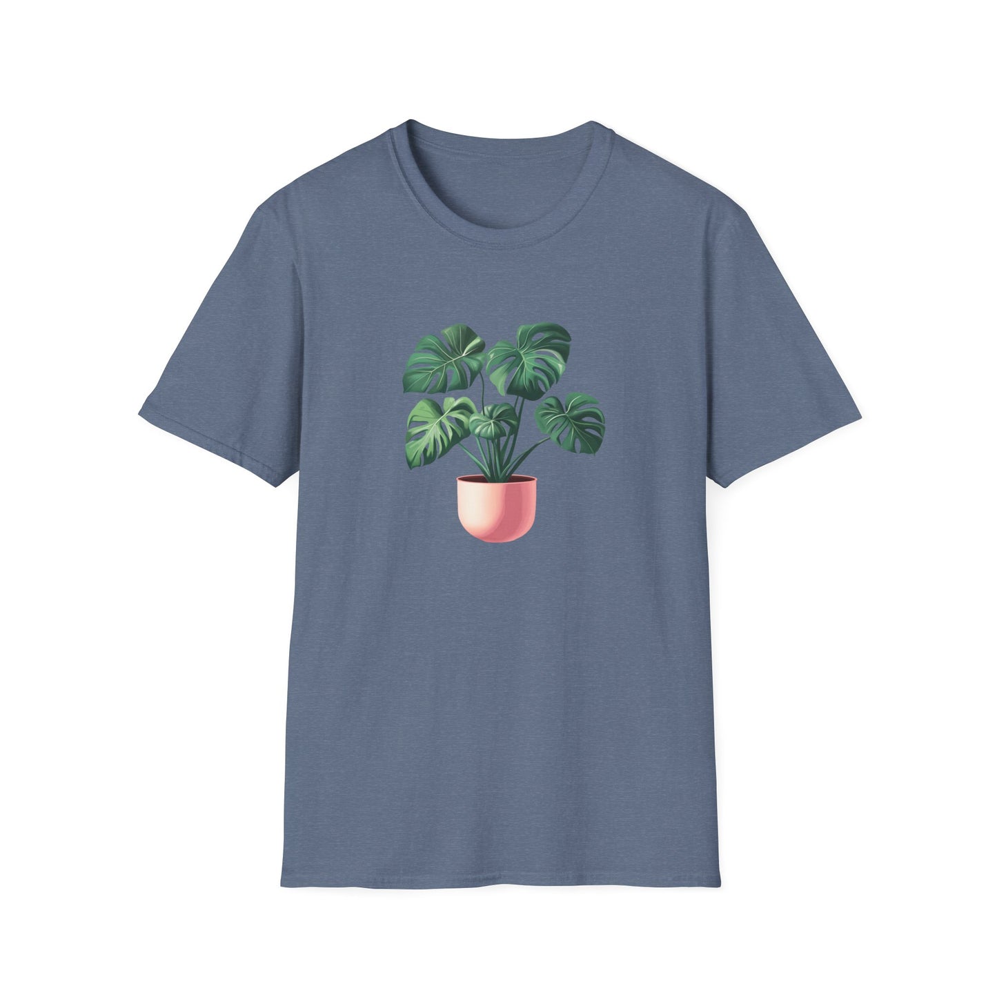 Monstera deliciosa t-shirt in blue featuring a vibrant monstera plant graphic