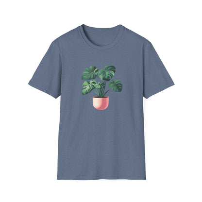 Monstera deliciosa t-shirt in blue featuring a vibrant monstera plant graphic