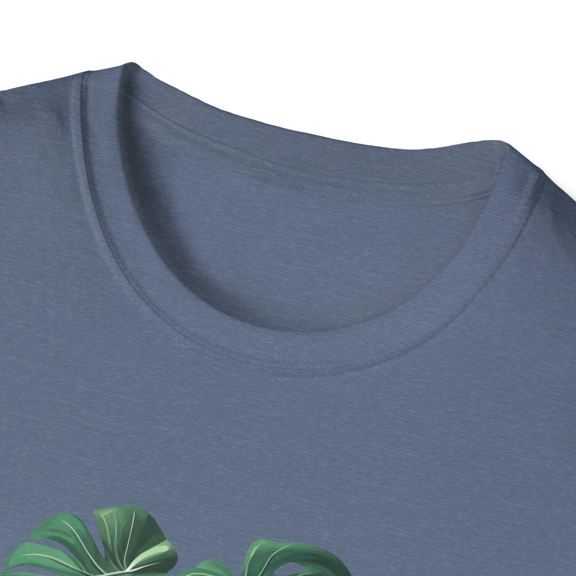 Close-up of a soft cotton monstera deliciosa t-shirt featuring a unique leaf design