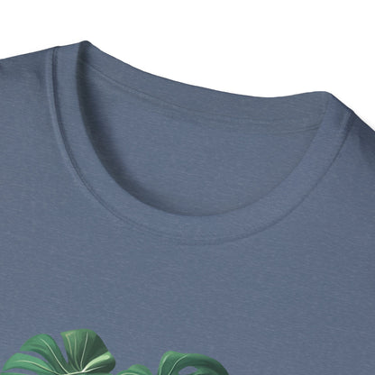 Close-up of a soft cotton monstera deliciosa t-shirt featuring a unique leaf design