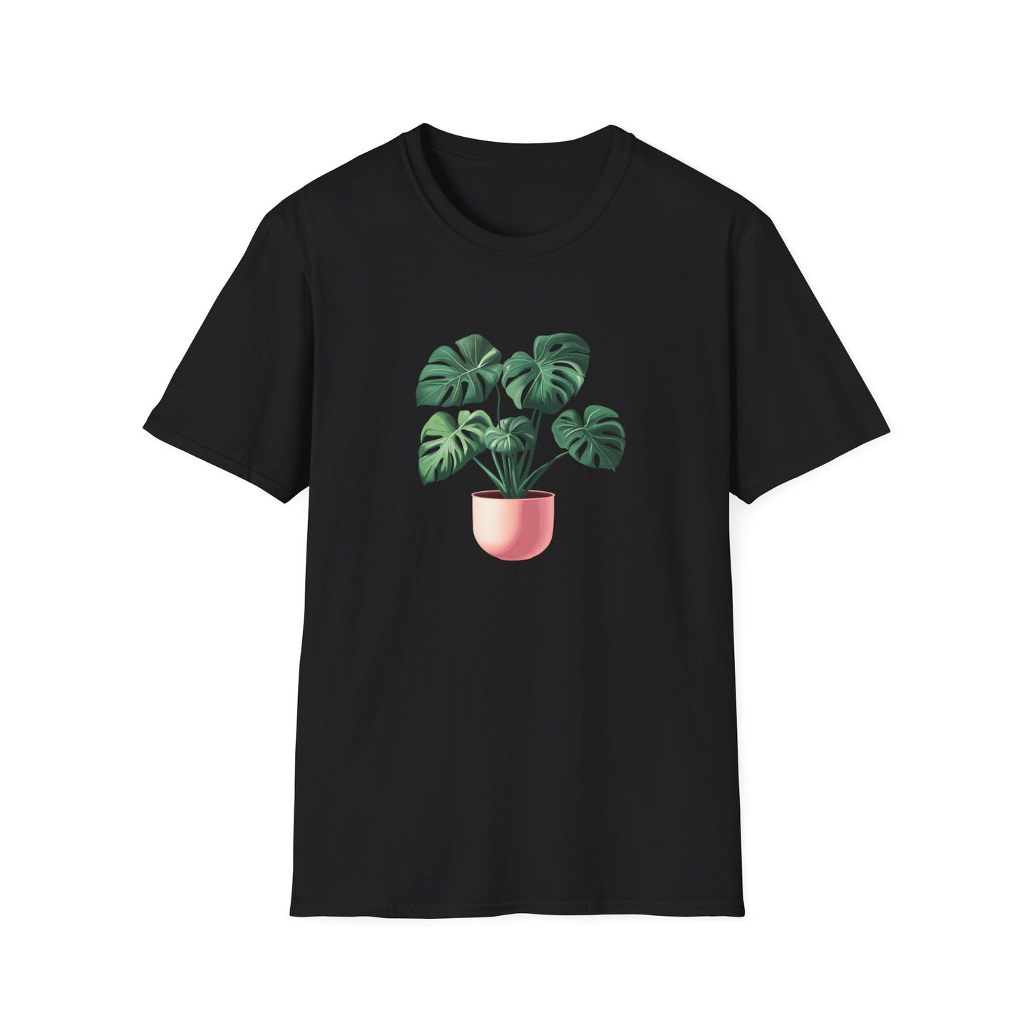 Black monstera deliciosa t-shirt featuring a graphic of a potted monstera plant