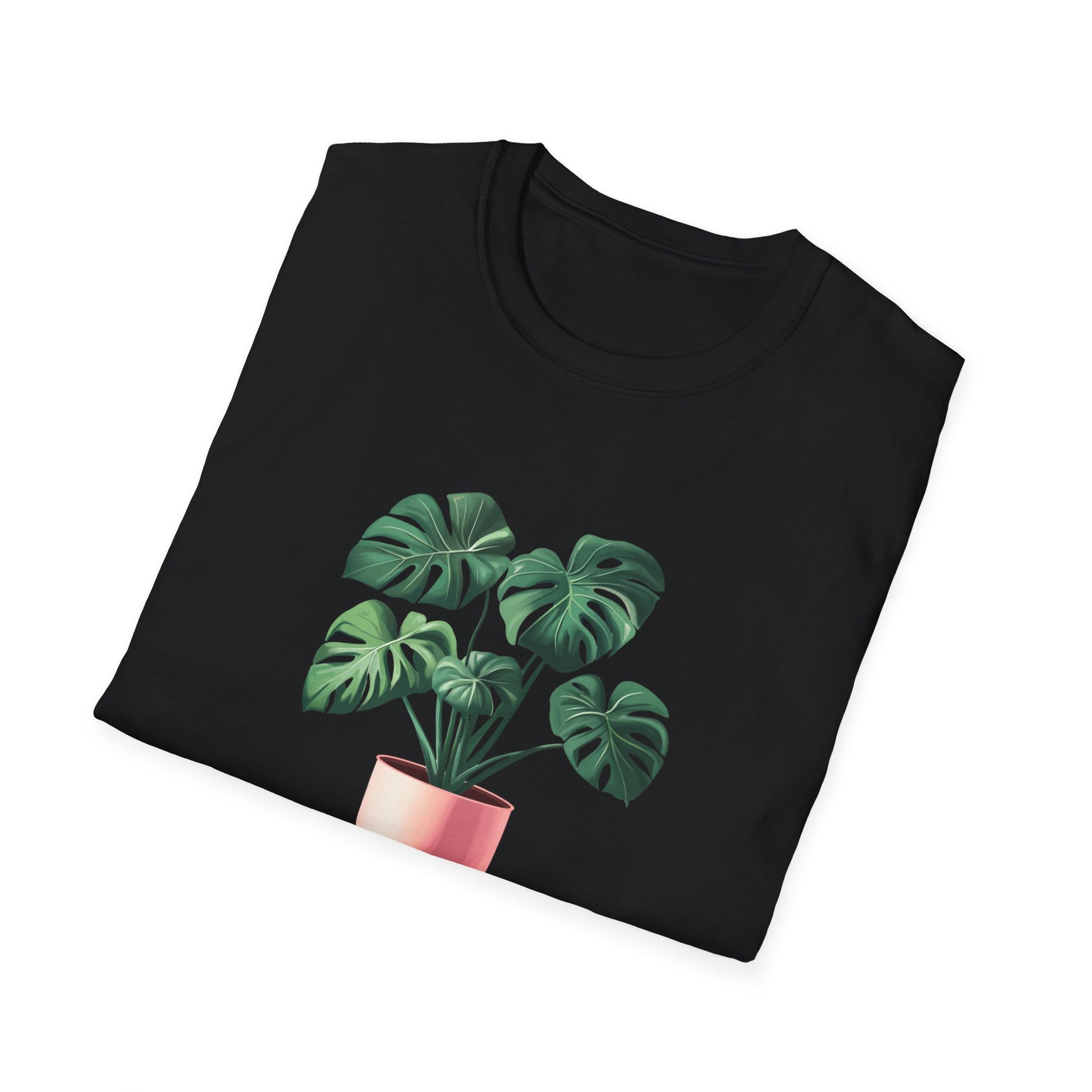 Monstera deliciosa t-shirt featuring a vibrant plant design on a black background