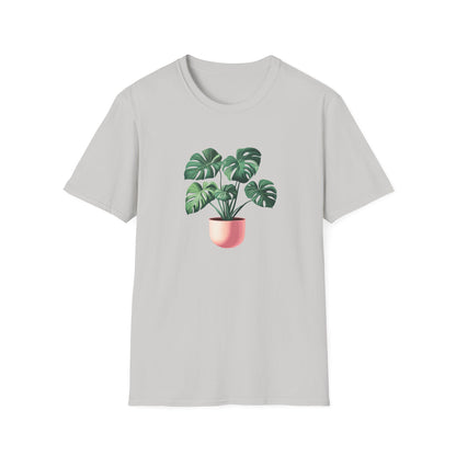 Monstera deliciosa t-shirt featuring a vibrant plant graphic on a light gray background