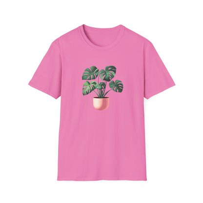 Pink monstera deliciosa t-shirt featuring a vibrant plant graphic on the front