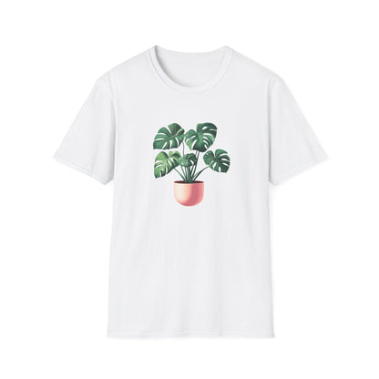 Monstera deliciosa t-shirt featuring a vibrant plant graphic on a white background