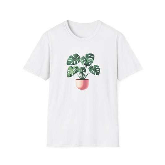Monstera deliciosa t-shirt featuring a vibrant plant graphic on a white background