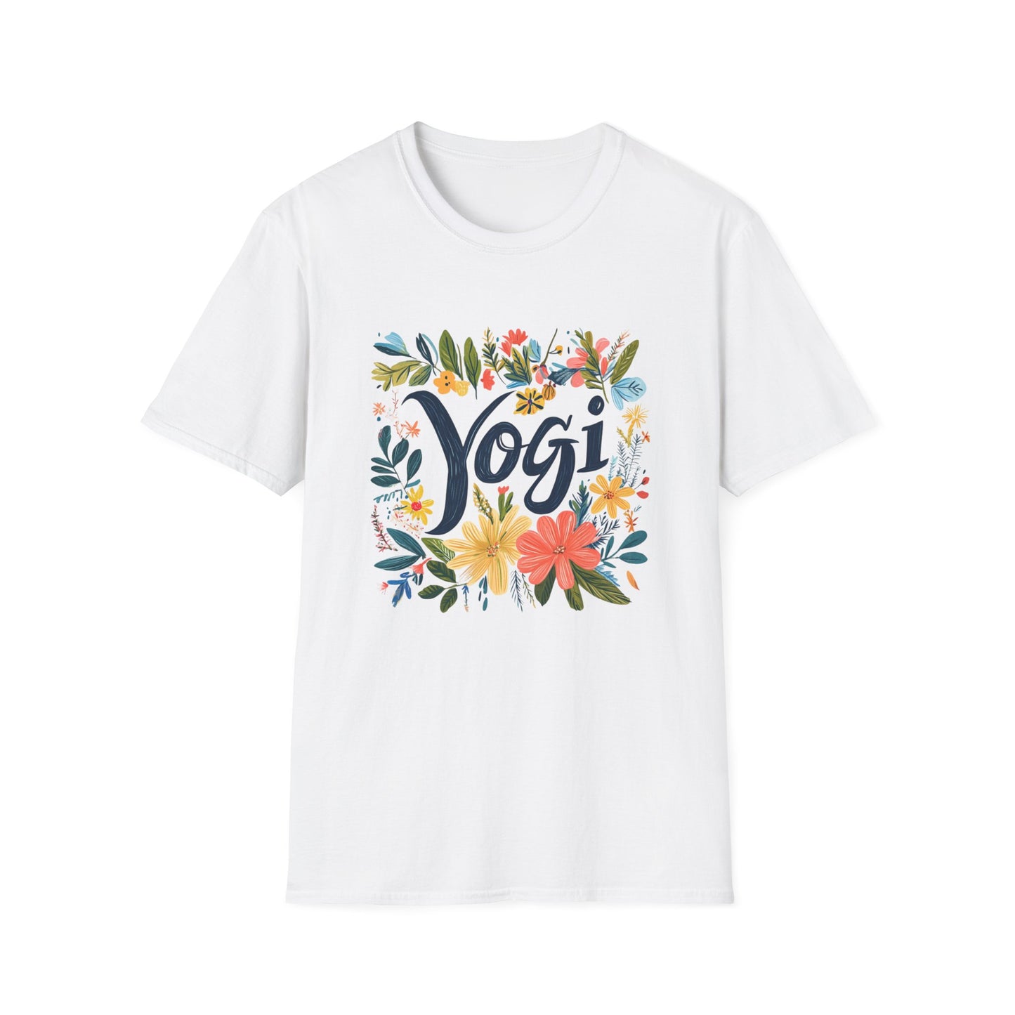 Floral Yogi T-Shirt in White with Colorful Flower Design and Bold Yogi Text