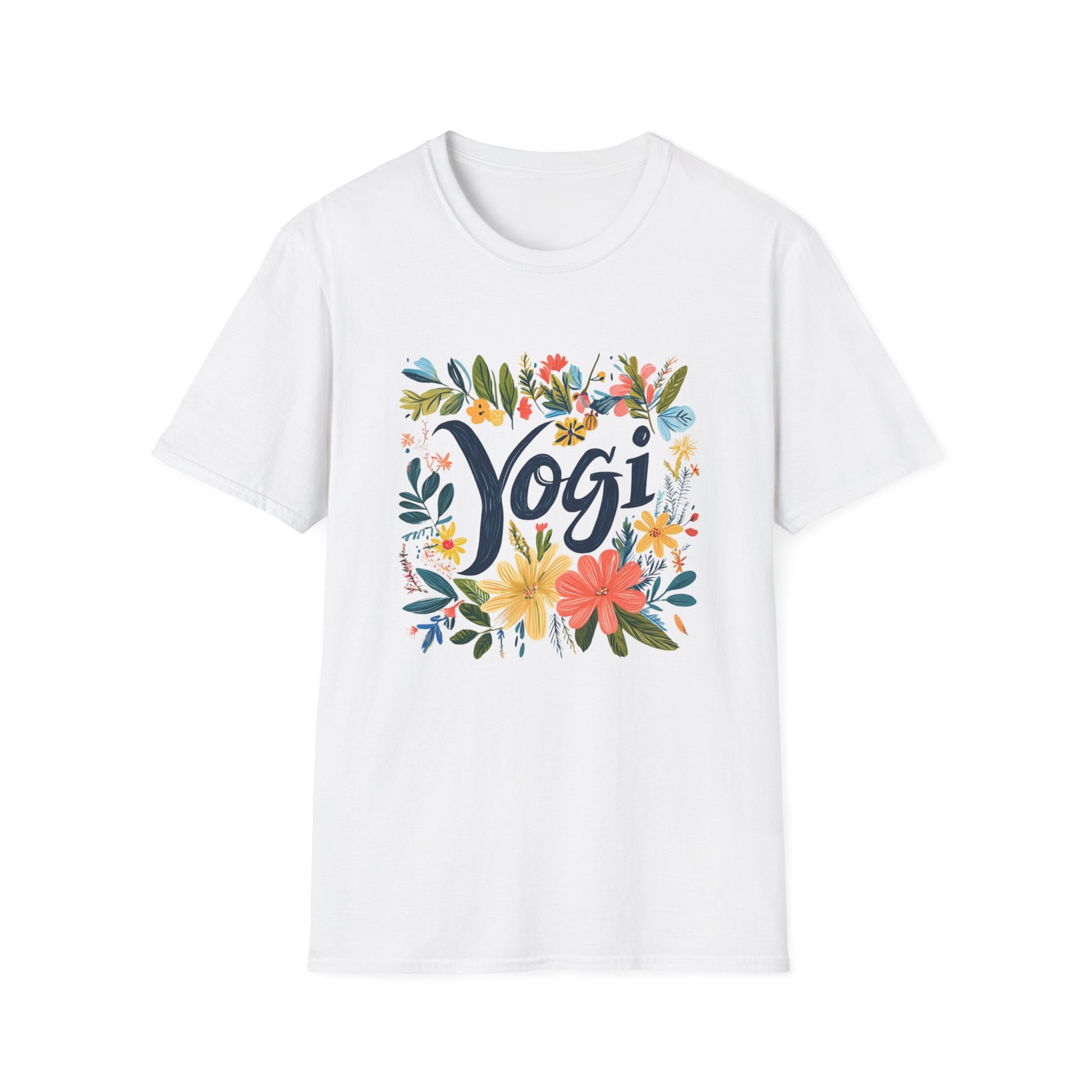Floral Yogi T-Shirt in White with Colorful Flower Design and Bold Yogi Text