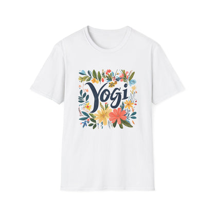Floral Yogi T-Shirt in White with Colorful Flower Design and Bold Yogi Text