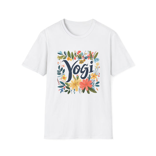 Floral Yogi T-Shirt in White with Colorful Flower Design and Bold Yogi Text