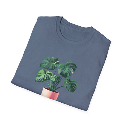 Monstera deliciosa t-shirt featuring a beautiful plant design on a blue background