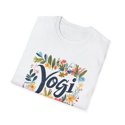 White floral yogi t-shirt featuring colorful floral designs around the word Yogi