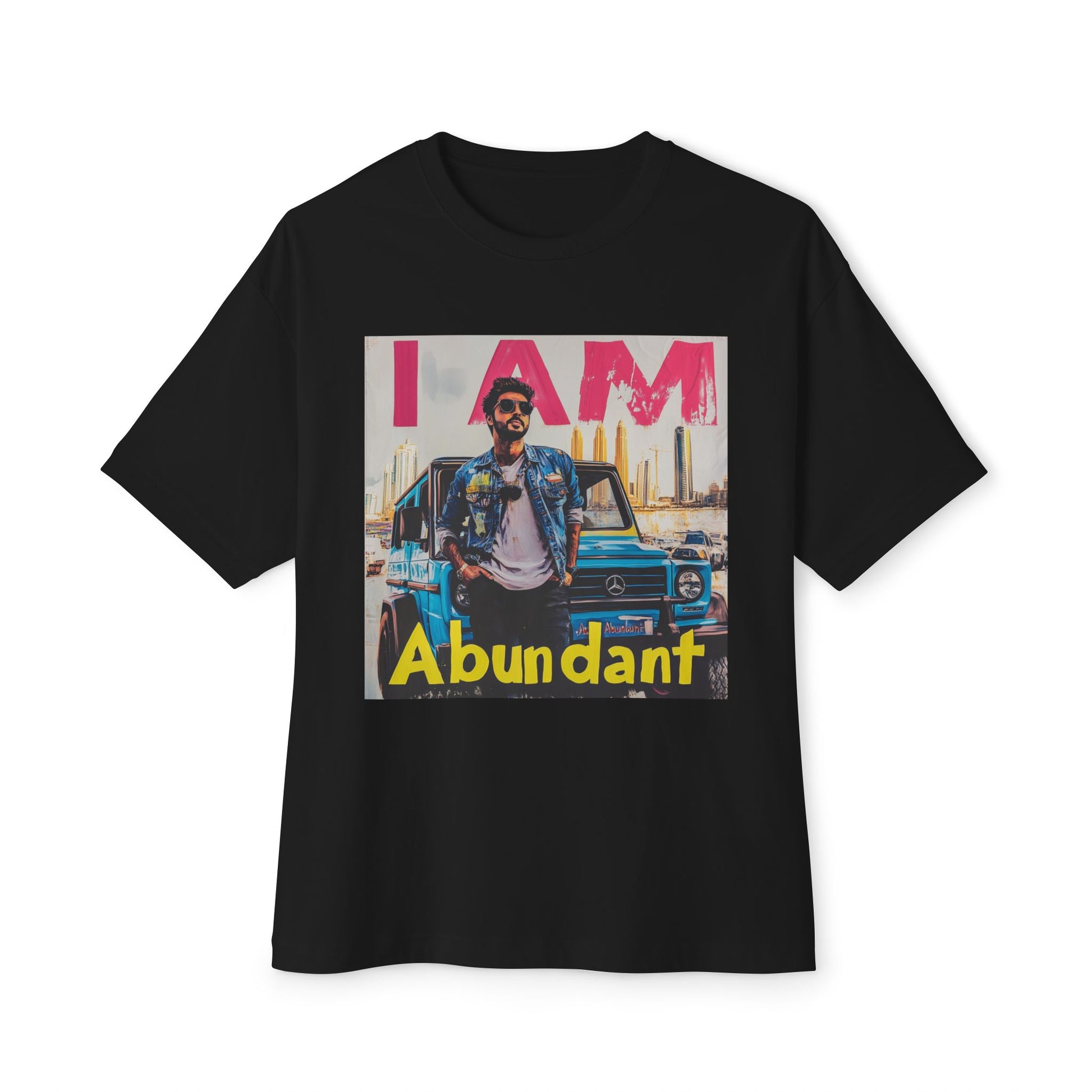 Black abundant vibe oversized tee featuring graphic design with the text I AM Abundant