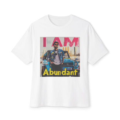 Abundant vibe oversized tee featuring vibrant graphic design with a man and bold text in colorful print