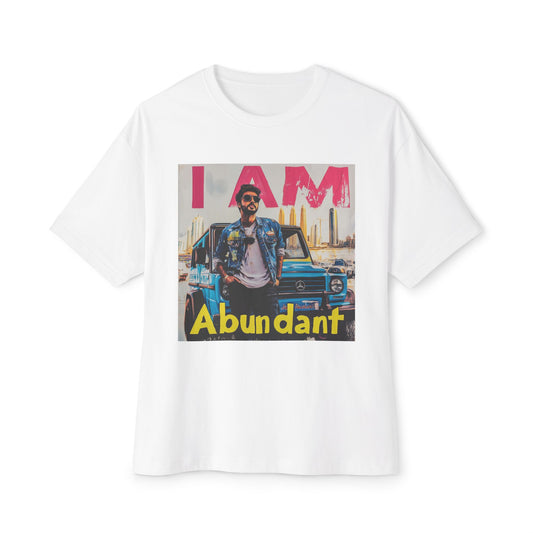 Abundant vibe oversized tee featuring vibrant graphic design with a man and bold text in colorful print
