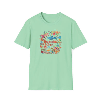 Aquarius floral t-shirt in mint green featuring colorful floral designs and the word Aquarius