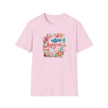 Pink Aquarius floral t-shirt with vibrant floral design featuring the word Aquarius