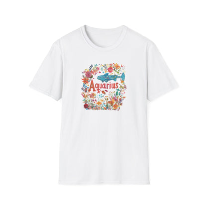 White Aquarius floral t-shirt featuring a colorful floral design with the word Aquarius