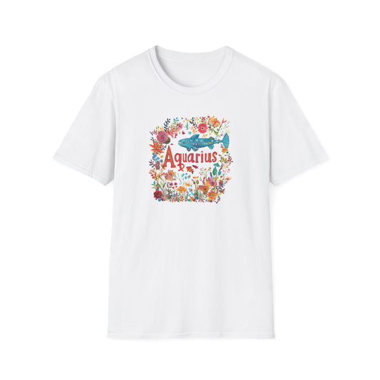 White Aquarius floral t-shirt featuring a colorful floral design with the word Aquarius
