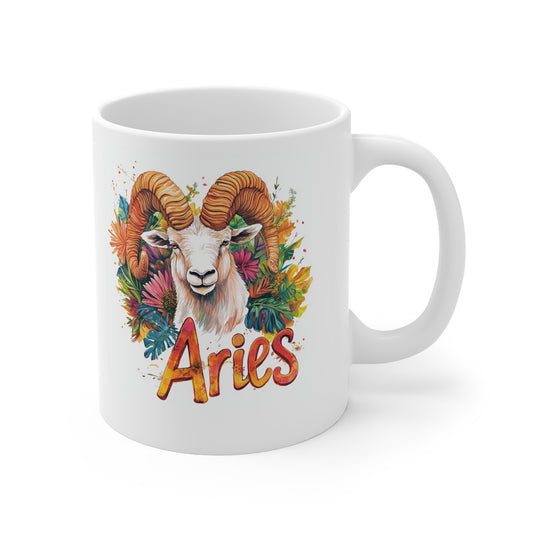 White Aries Zodiac Mug with colorful ram design and floral accents by Printify