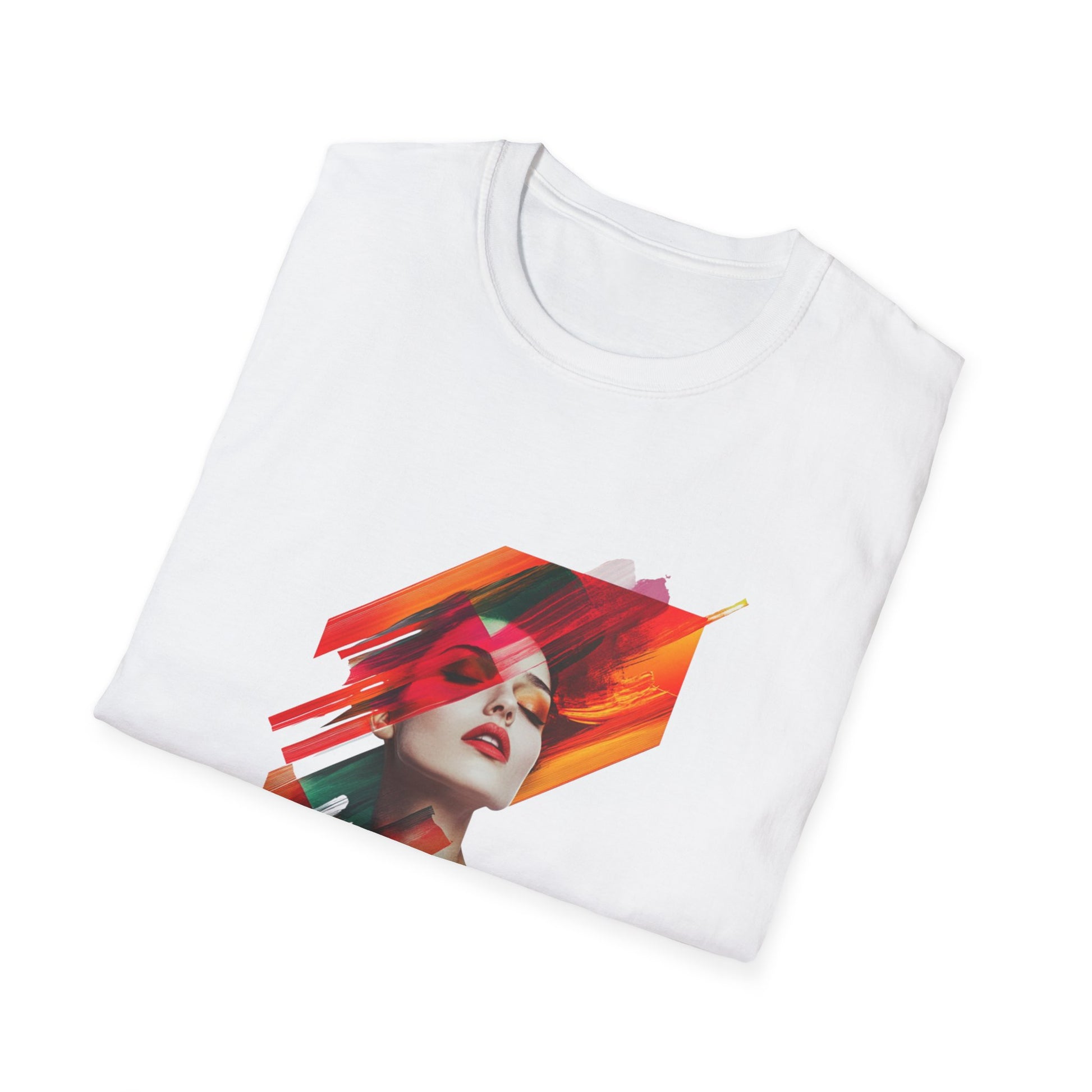 Artistic graphic t-shirt featuring a colorful abstract design of a woman's face