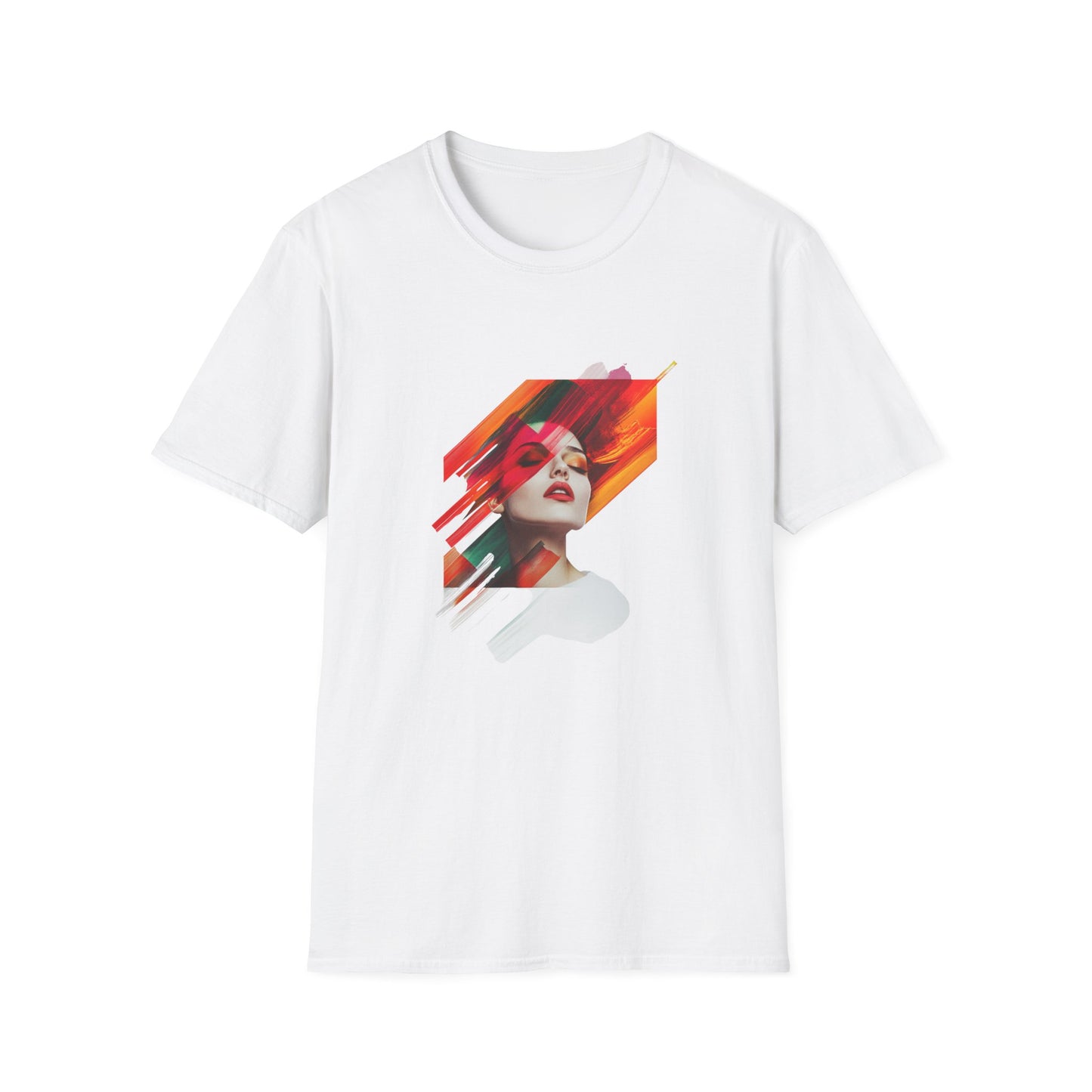 White artistic graphic t-shirt featuring vibrant abstract design with a woman's face