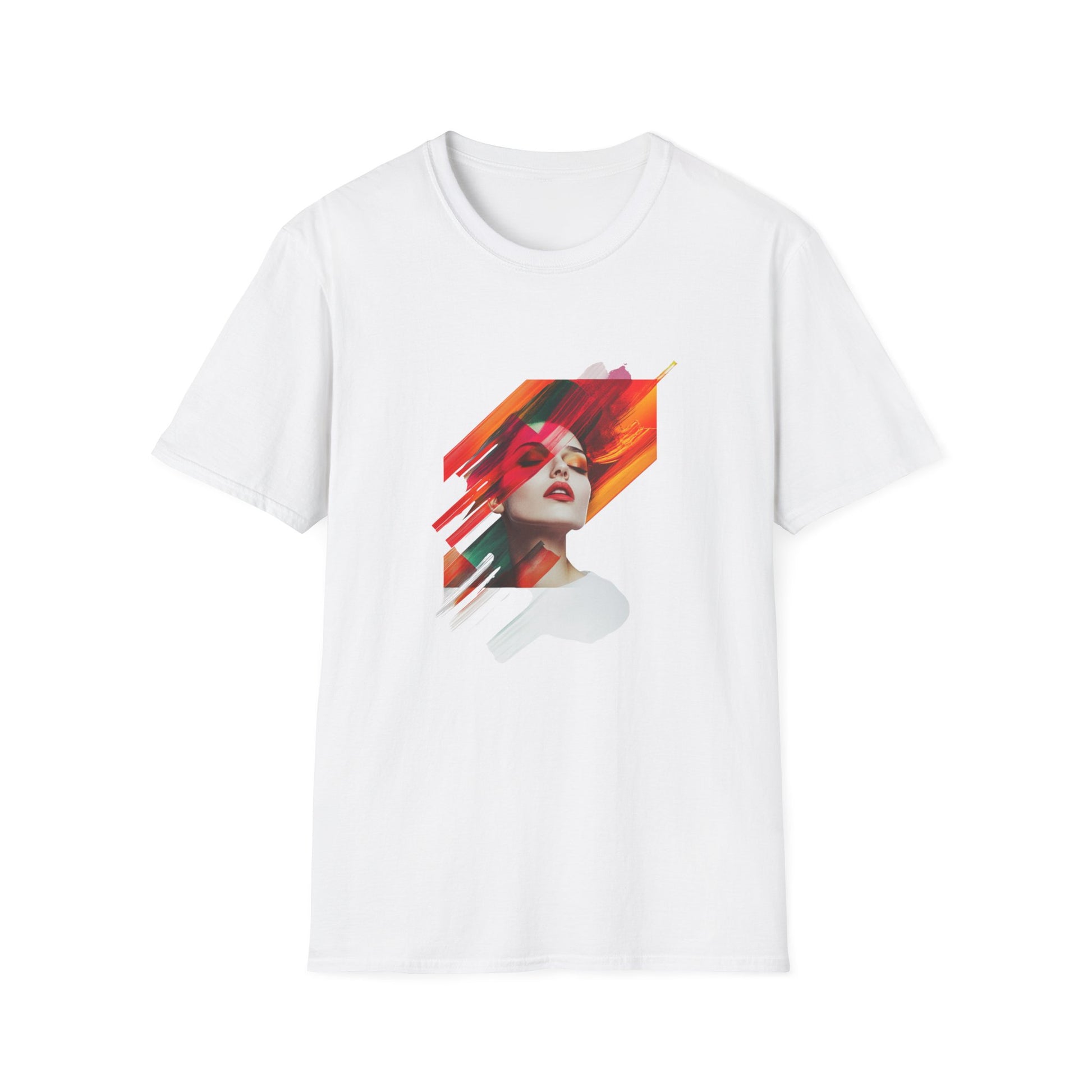 White artistic graphic t-shirt featuring vibrant abstract design with a woman's face