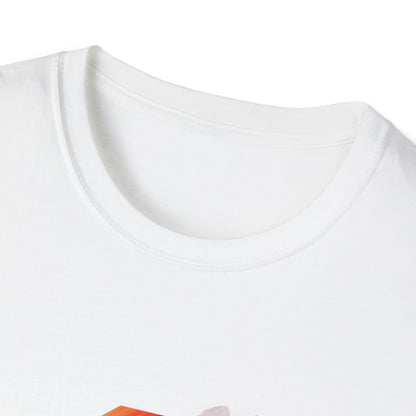Close-up of a white artistic graphic t-shirt featuring vibrant colors and unique design details