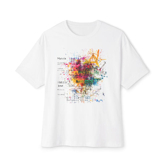 Artistic oversized tee in white featuring a colorful abstract design and graphic text elements