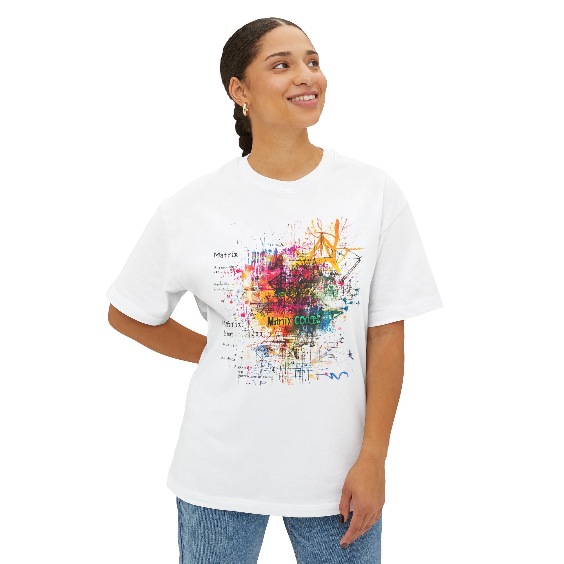White artistic oversized tee featuring colorful abstract design and creative text elements