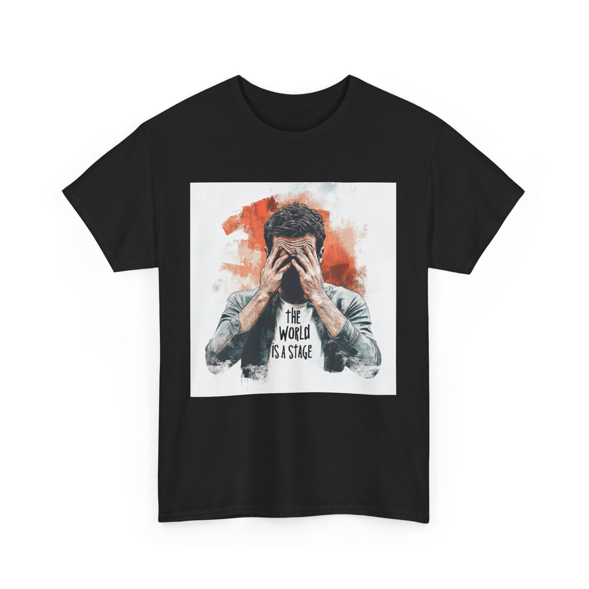 Artistic Unisex Cotton Tee featuring a dramatic graphic design with the quote The World Is a Stage