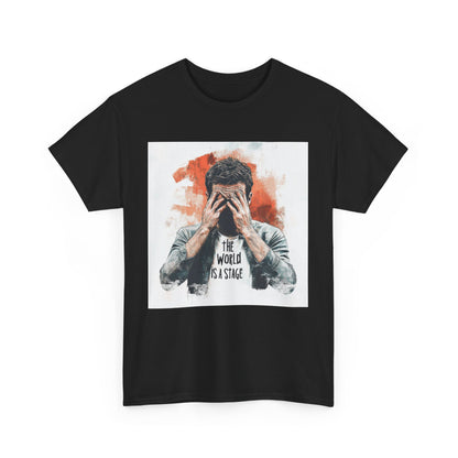 Artistic Unisex Cotton Tee featuring a dramatic graphic design with the quote The World Is a Stage