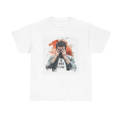 Artistic Unisex Cotton Tee featuring a distressed design with a man holding his face against a colorful backdrop